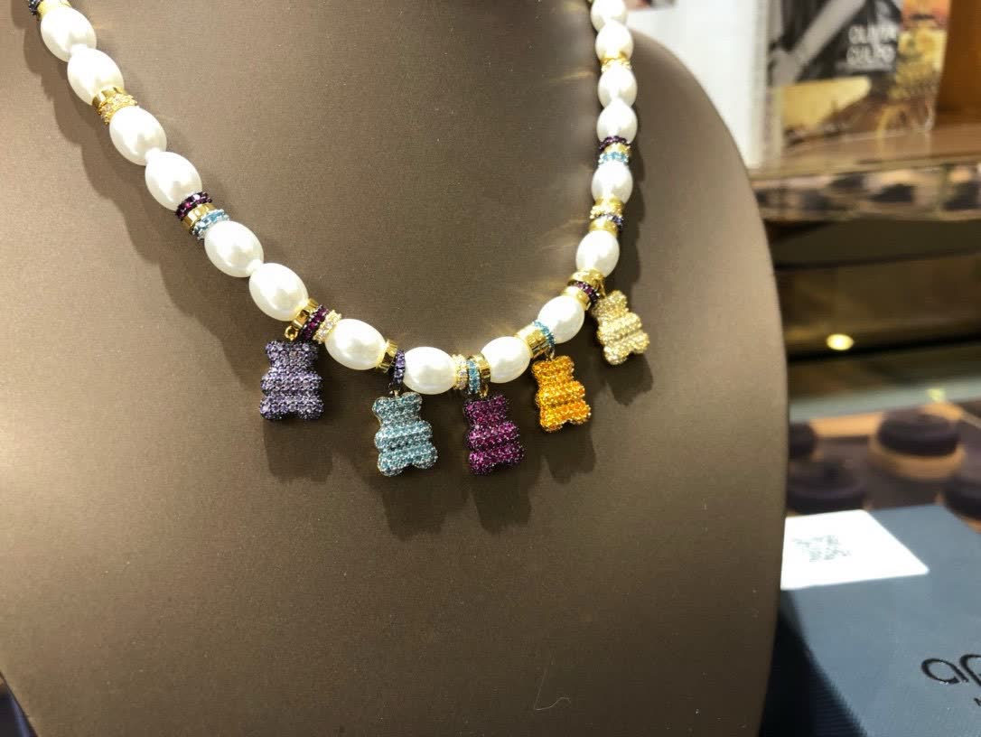 APM Monaco Pearl and Crystal Bear Charm Necklace
